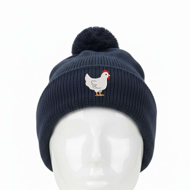 Emberoidered Chicken Beanie, Chicken Lady Gift, Farm Fall Winter Hat With Pom/Navy