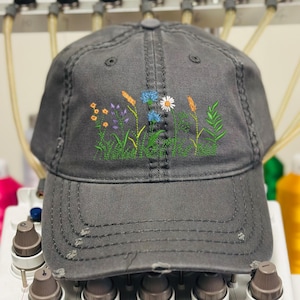 Distressed Flower hat, Floral baseball cap, gardening gifts ,hat with flowers, garden spring gift, wildflower hat, gardening hat