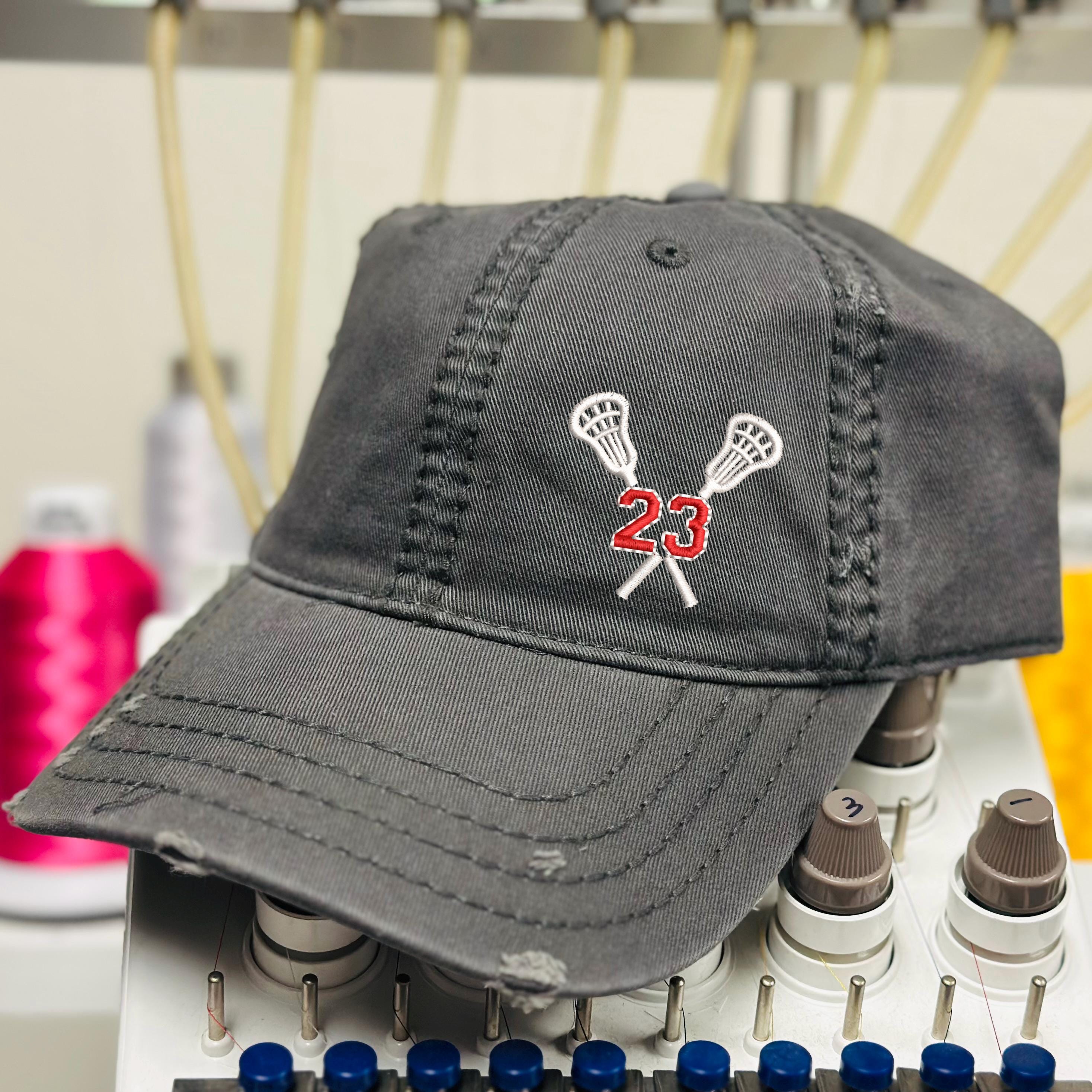 Distressed Lacrosse Number Hat: Embroidered Cotton Cap