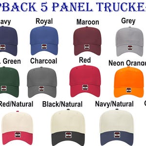 May include: A collection of 20 trucker hats in various colours, including black, navy, royal blue, maroon, grey, khaki, white, dark green, charcoal, red, neon orange, neon yellow, and natural. The hats have a 5-panel design and a snapback closure.