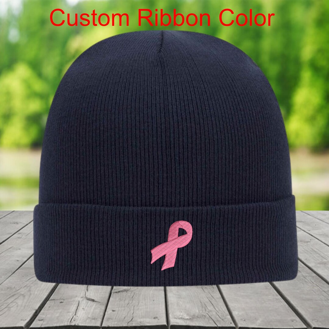 Pink Ribbon Beanie, Breast Cancer Awareness Hat, Embroidered