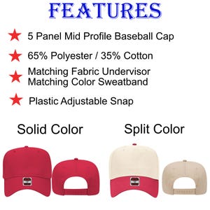 May include: A red baseball cap with a white label that says "OTTO" and a white adjustable snap. The cap is shown in two views: one from the front and one from the back. The cap is made of 65% polyester and 35% cotton. The cap is also available in a split colour option, with a beige crown and a red brim.