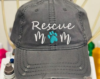 Rescue Mom Hat, Embroidered Paw Print Distressed Baseball Cap