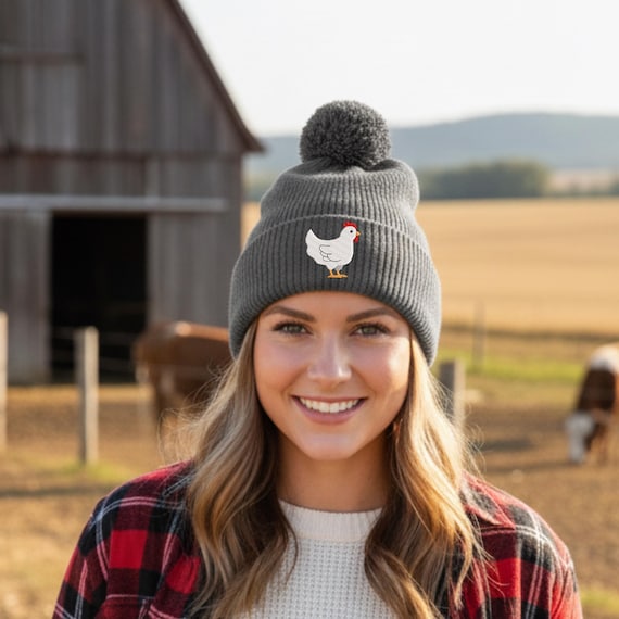Emberoidered Chicken Beanie, Chicken Lady Gift, Farm Fall Winter Hat