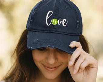 Embroidered Tennis Love Hat, Womens Distressed Sports Hat