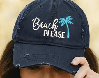 Beach Please Embroidered Hat: Distressed Summer Cap, Ocean Lover Gift