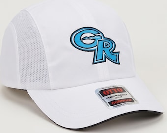 May include: A white performance baseball cap featuring a blue and black embroidered GR logo on the front. The cap has side mesh panels and a sticker on the brim that reads OTTO PERFORMANCE OSFM RUNNING PREMIUM SOFT FABRIC.