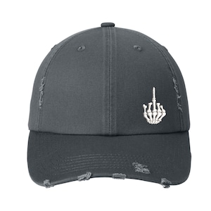 Distressed Skeleton Middle Finger Hat: Edgy Embroidered Cap