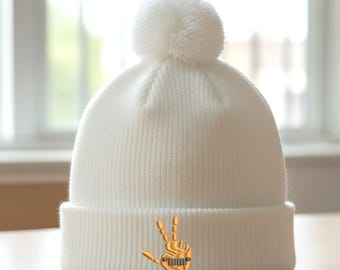 Hand Wave Embroidered Beanie, Peace Hand with Grille
