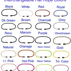 May include: A grid of twenty braided hat ropes in various colours, labelled with text including Black, White, Red, Royal, Dk Green, Brown, Charcoal, Grey, Navy, Maroon, Purple, OliveGreeen, Natural, Oranage, Neon Green, Gold, Lt. Pink, Hot Pink, Neon Yellow, and Tri-Color.
