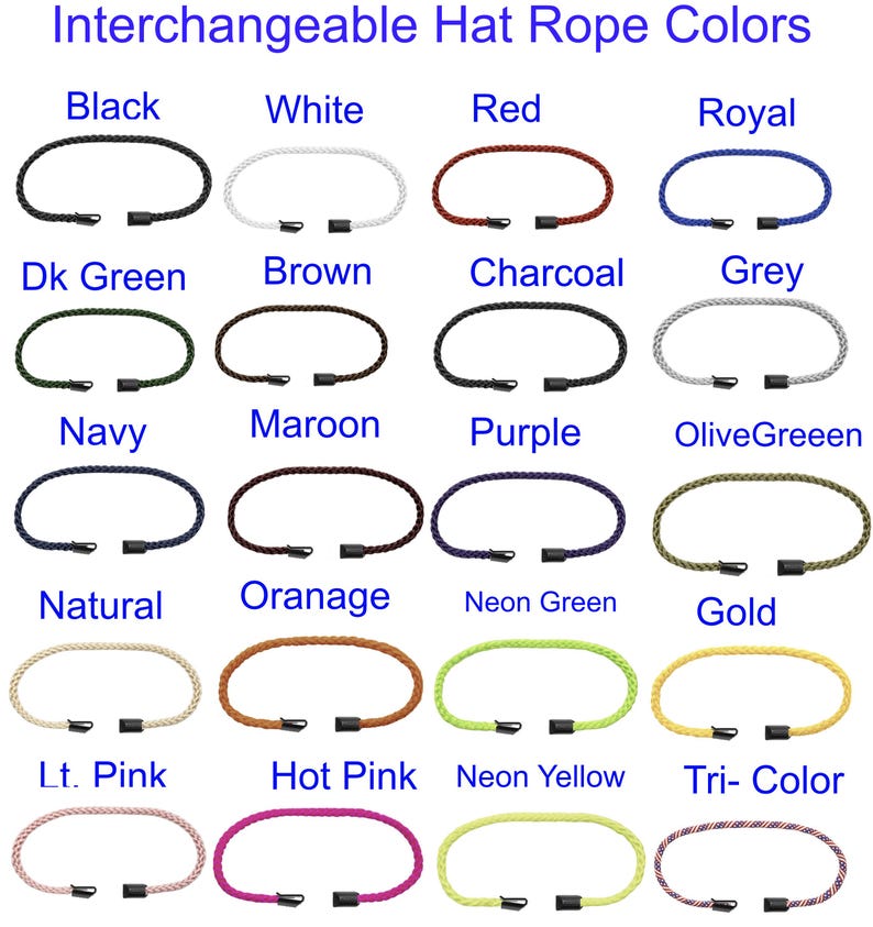 May include: A grid of twenty braided hat ropes in various colours, labelled with text including Black, White, Red, Royal, Dk Green, Brown, Charcoal, Grey, Navy, Maroon, Purple, OliveGreeen, Natural, Oranage, Neon Green, Gold, Lt. Pink, Hot Pink, Neon Yellow, and Tri-Color.