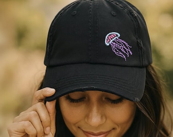 Jellyfish Embroidered Distressed Hat: Ocean Sea Life Beach Gift