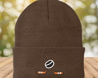 Embroidered Hockey Beanie, Crossed Sticks Winter Hat