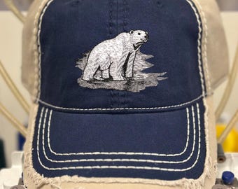 Embroidered Polar Bear Hat: Distressed Cotton Cap