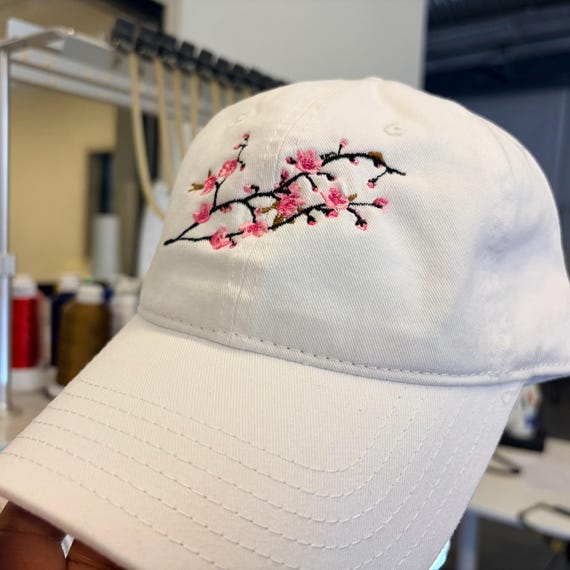 Cherry Blossom Embroidered Hat: Vintage Washed Cotton Baseball Cap