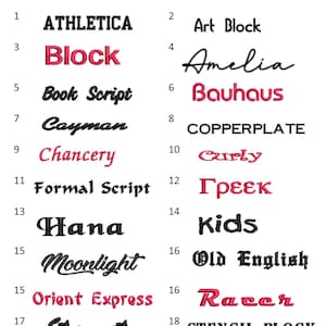 May include: A white background displays a variety of font styles, each numbered and labeled. The text "FONT STYLES" is at the top. Examples include "Athletica," "Block," "Amelia," "Bauhaus," and "Old English."