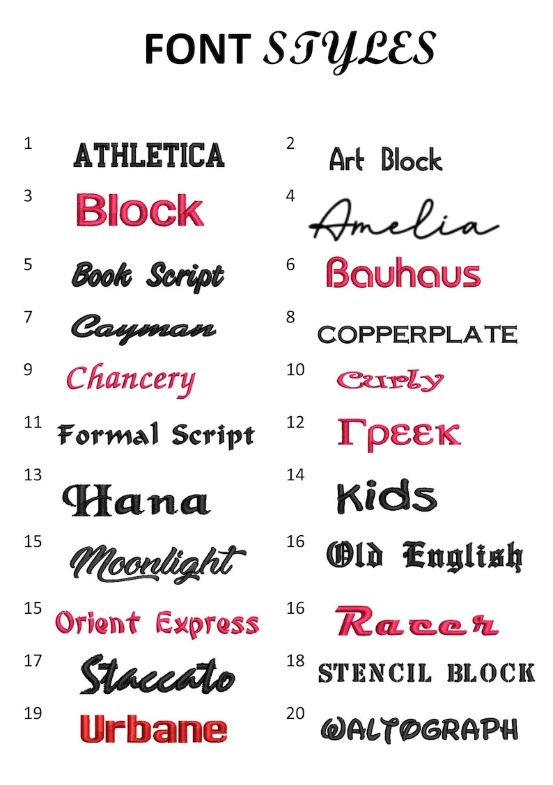 May include: A white background displays a variety of font styles, each numbered and labeled. The text "FONT STYLES" is at the top. Examples include "Athletica," "Block," "Amelia," "Bauhaus," and "Old English."