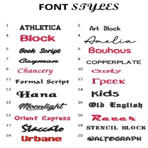以下が含まれることがあります： 「FONT STYLES」の文字と、様々なフォントスタイルを表示した画像です。「Athletica」、「Block」、「Book Script」など、各フォントには番号が振られており、一部は赤色で表示されています。