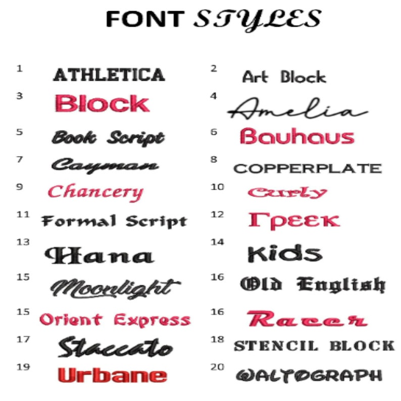 以下が含まれることがあります： 「FONT STYLES」の文字と、様々なフォントスタイルを表示した画像です。「Athletica」、「Block」、「Book Script」など、各フォントには番号が振られており、一部は赤色で表示されています。