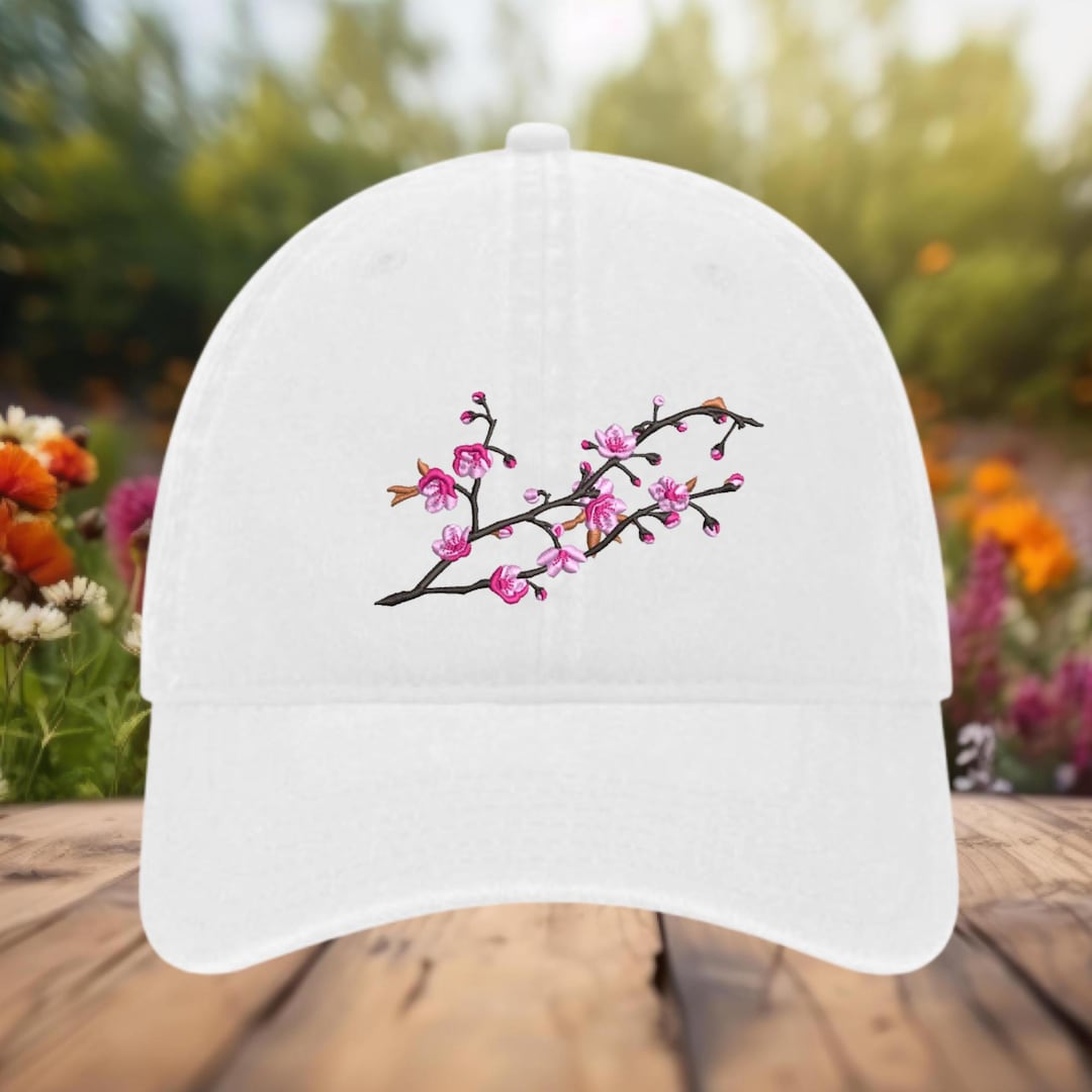 Cherry Blossom Embroidered Hat: Vintage Washed Cotton Baseball Cap