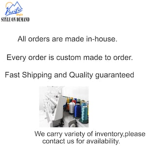 May include: A close-up of a multi-needle embroidery machine with spools of colourful thread. The text "Pacific Style STYLE ON DEMAND" is visible at the top of the image. The text "All orders are made in-house. Every order is custom made to order. Fast Shipping and Quality guaranteed. We carry variety of inventory, please contact us for availability." is also visible in the image.