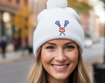Custom Lacrosse Beanie, Embroidered Player Number Pom Hat