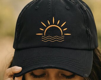 Embroidered Sunrise Distressed Cap, Beach Lover Gift