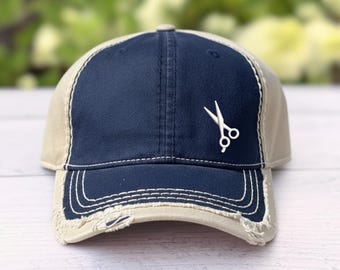 Distressed Hairstylist Hat: Embroidered Scissor Design Cap