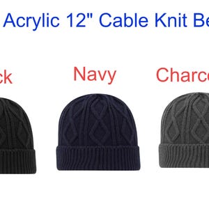 May include: Three cable knit beanies in black, navy, and charcoal. The hats are made of 100% acrylic and are 12 inches in size. The text above the hats reads "100% Acrylic 12" Cable Knit Beanie".