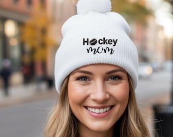 Embroidered Hockey Mom Knit Beanie, Sports Mom Winter Gift