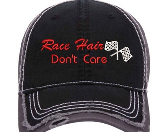 Race Hair Don't Care Distressed Cap: Checkered Flag Racing Hat