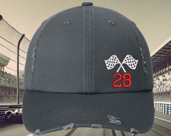 Custom Race Number Hat: Distressed Motorsport Cap, Checkered Flags Hat