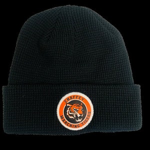May include: Black knit beanie with a white and orange circular patch that says "Chaffey Marching Tigers".