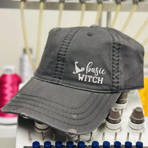 Basic Witch Embroidered Distressed Hat: Halloween Party Cap