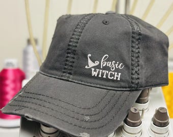 Basic Witch Embroidered Distressed Hat: Halloween Party Cap