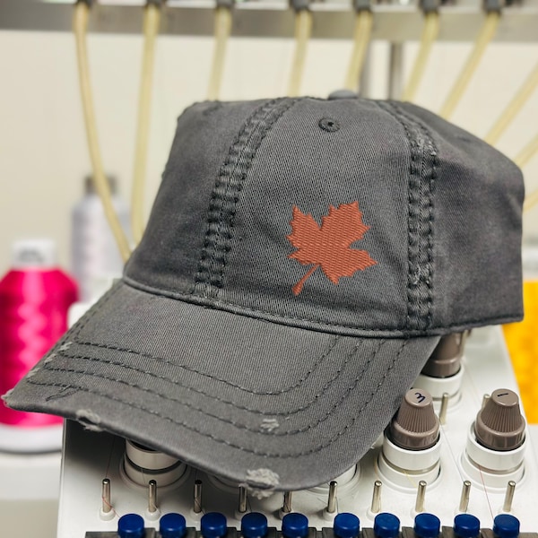 Embroidered Leaf Hat: Distressed Cotton Fall Cap