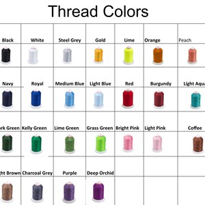 以下が含まれることがあります： 「Thread Colors」と題されたチャートには、さまざまな色の糸巻きが表示されています。色は、黒、白、スチールグレー、ゴールド、ライム、オレンジ、ピーチ、ネイビー、ロイヤルブルー、ミディアムブルー、ライトブルー、レッド、バーガンディ、ライトアクア、ダークグリーン、ケリーグリーン、ライムグリーン、グラスグリーン、ブライトピンク、ライトピンク、コーヒー、ライトブラウン、チャコールグレー、パープル、ディープオーキッドなどです。