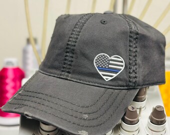 Distressed Thin Blue Line Heart Hat: Embroidered Police Support Cap