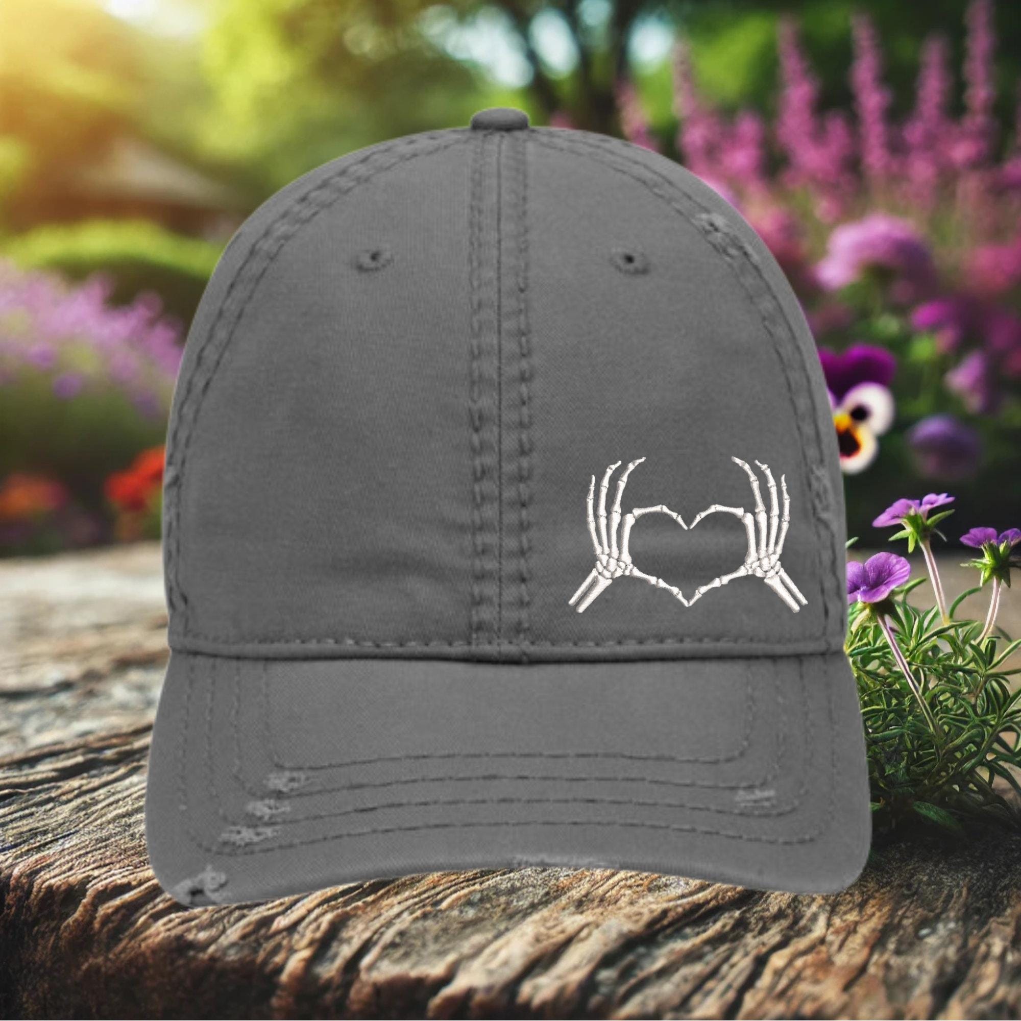 Skeleton Heart Hands Hat: Distressed Cotton Baseball Cap - Etsy display picture 3