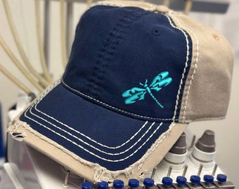 Dragonfly Hat: Distressed Cotton Baseball Cap, Nature Lover Gift