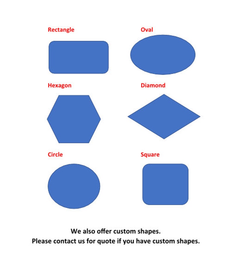 May include: A visual guide to different geometric shapes, including a rectangle, oval, hexagon, diamond, circle, and square. Each shape is filled with a solid blue color.