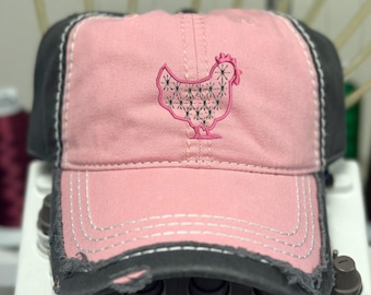 Embroidered Chicken Hat: Distressed  Farm Animal Cap