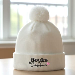 Books & Coffee Embroidered Knit Beanie, Book Lover Gift