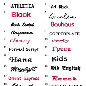 May include: A chart of 22 different embroidery fonts, numbered 1 through 22. Each font is displayed in a different style, including script, block, and cursive. The fonts are all in black or red.