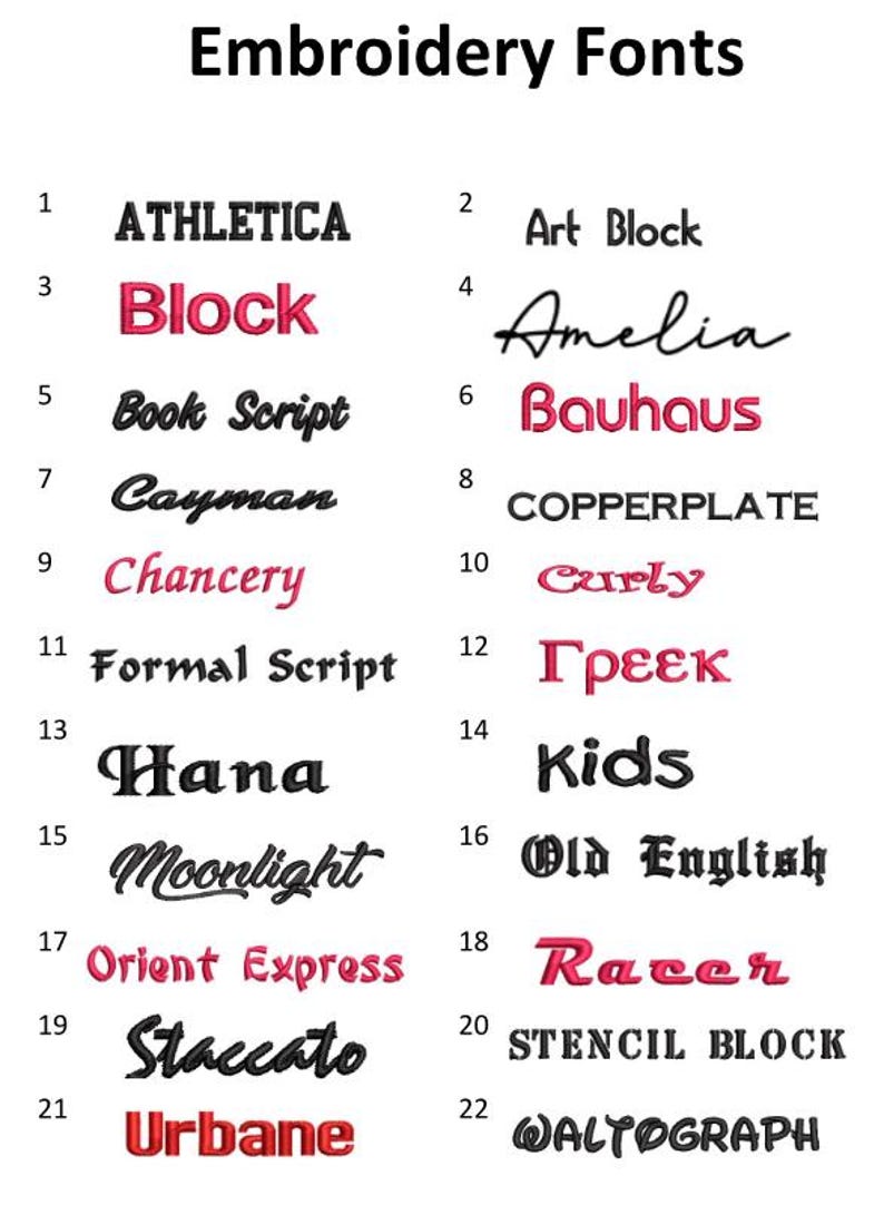 May include: A chart of 22 different embroidery fonts, numbered 1 through 22. Each font is displayed in a different style, including script, block, and cursive. The fonts are all in black or red.
