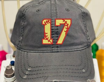 Gorra de sóftbol desgastada con número: número bordado, gorra para el día del juego