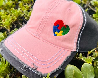 Women's Autism Awareness Ponytail Trucker Hat - Puzzle Piece Embroidery, Distressed Cotton, Adjustable Strap