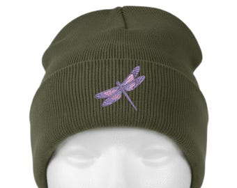 Embroidered Dragonfly Beanie, Nature Lover Winter Hat