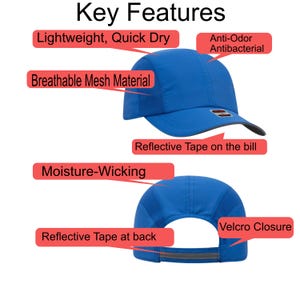 May include: A blue baseball cap with text labels highlighting key features: Lightweight, Quick Dry, Anti-Odor, Antibacterial, Breathable Mesh Material, Reflective Tape on the bill, Moisture-Wicking, Reflective Tape at back, and Velcro Closure.