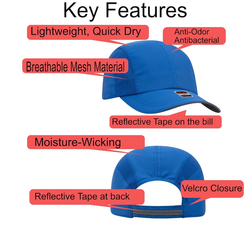 May include: A blue baseball cap with text labels highlighting key features: Lightweight, Quick Dry, Anti-Odor, Antibacterial, Breathable Mesh Material, Reflective Tape on the bill, Moisture-Wicking, Reflective Tape at back, and Velcro Closure.